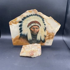 Native American Chief Hand Painted On Stone Slab 14x10