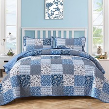 King Size Blue Boho Quilt Set - 3 Piece Plaid Floral Bedspread, Reversible Cover