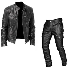 Men's Tracksuits Sets PU Leather Jacket Pants 2 Piece Sweatsuit Outfits S-5XL