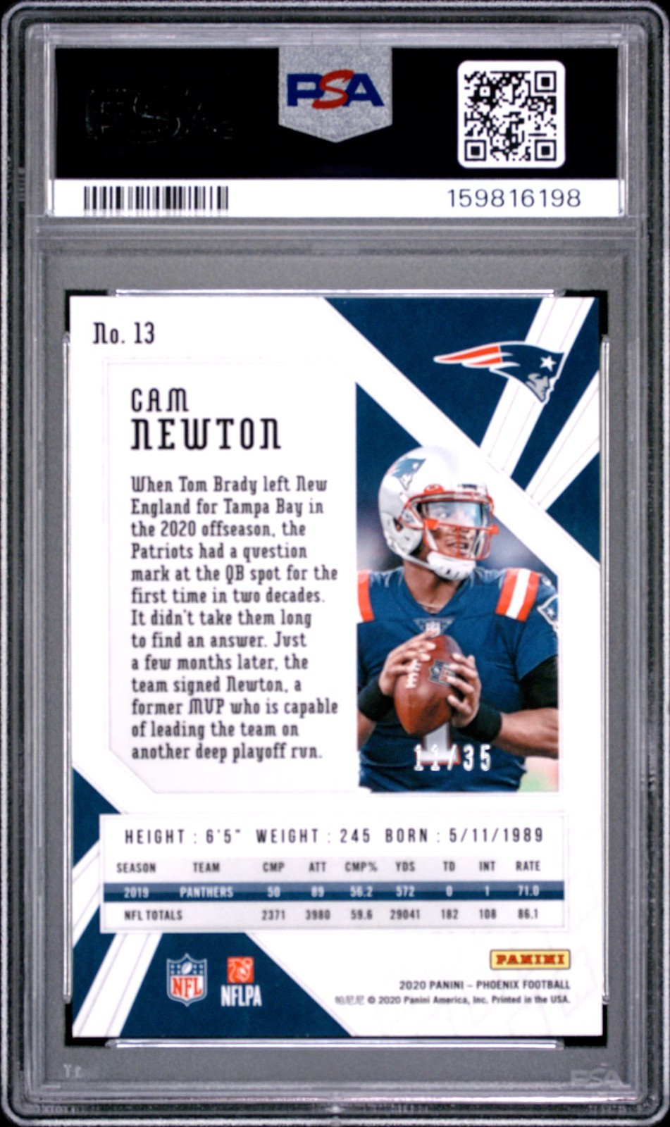 2020 Panini Phoenix Cam Newton #13 Blue Prizm /35 Color Match PSA 9 SSP view 2