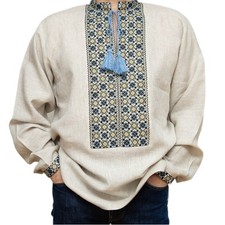 Ukrainian VYSHYVANKA for men beige linen shirt hand blue black Embroidery