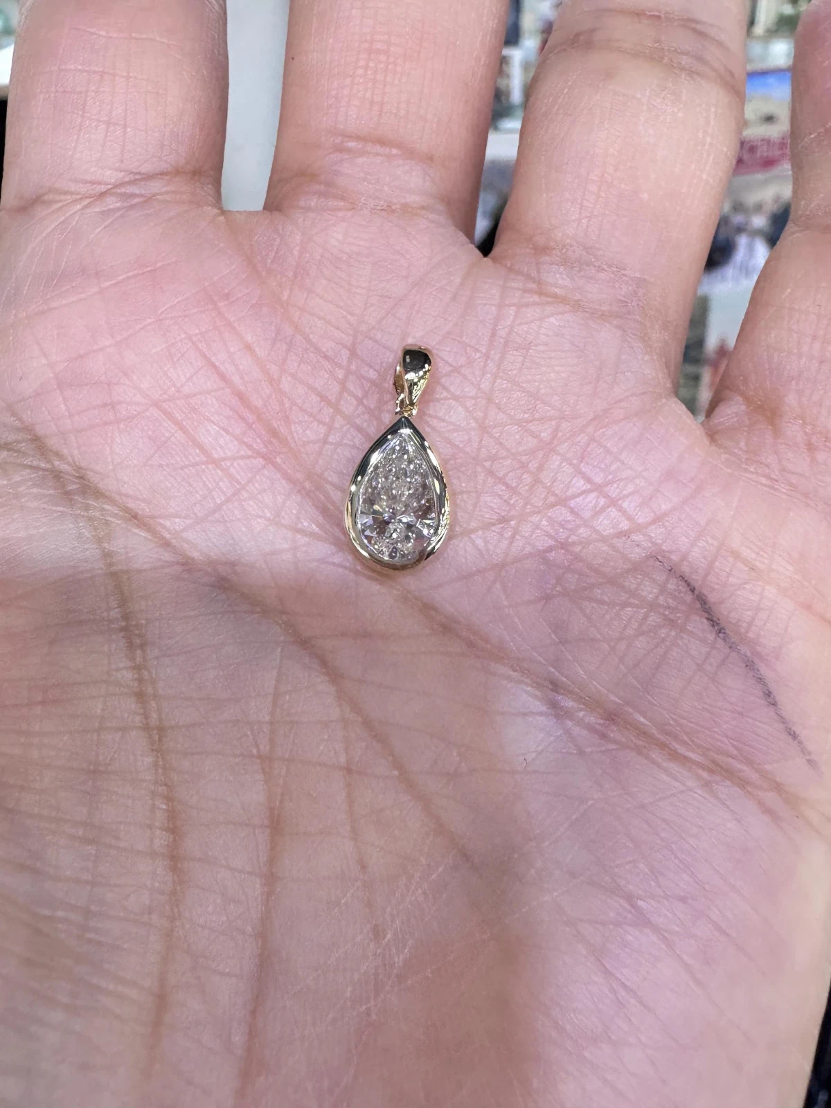 Lab Grown Pear Diamond Bezel Solitaire Pendant IGI Certified 14k Yellow Gold 2ct