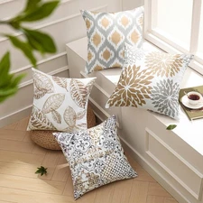 Set of 4 New Living Series Fall Leaf Geometric Coffee Throw Decorative Pillow...