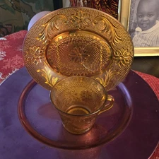 Vintage Indiana Tiara Amber Sandwich &  cup Oval Snack Plates and Cups . 3 Sets 