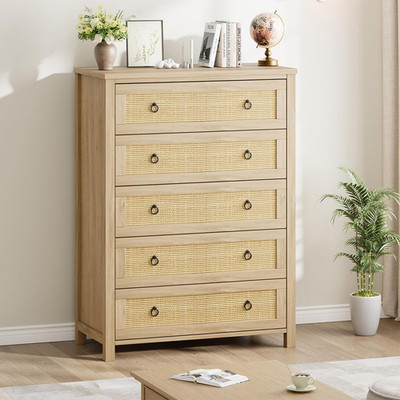 Boho Natural Oak 5-Drawer Tall Dresser for Bedroom & Living Room Storage