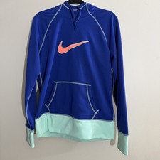 Nike Therma-FIT Women's L Pullover Hoodie Blue Light Green Thumb Holes