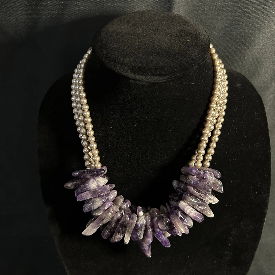 Ali Khan New York 3 Strands Amethyst Spikes Necklace Silver Tone & Purple Sz 16”