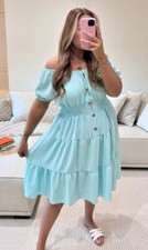 Ladies Elastic Bardot Off Shoulder Magic Button Summer Smock Tiered Midi Dress