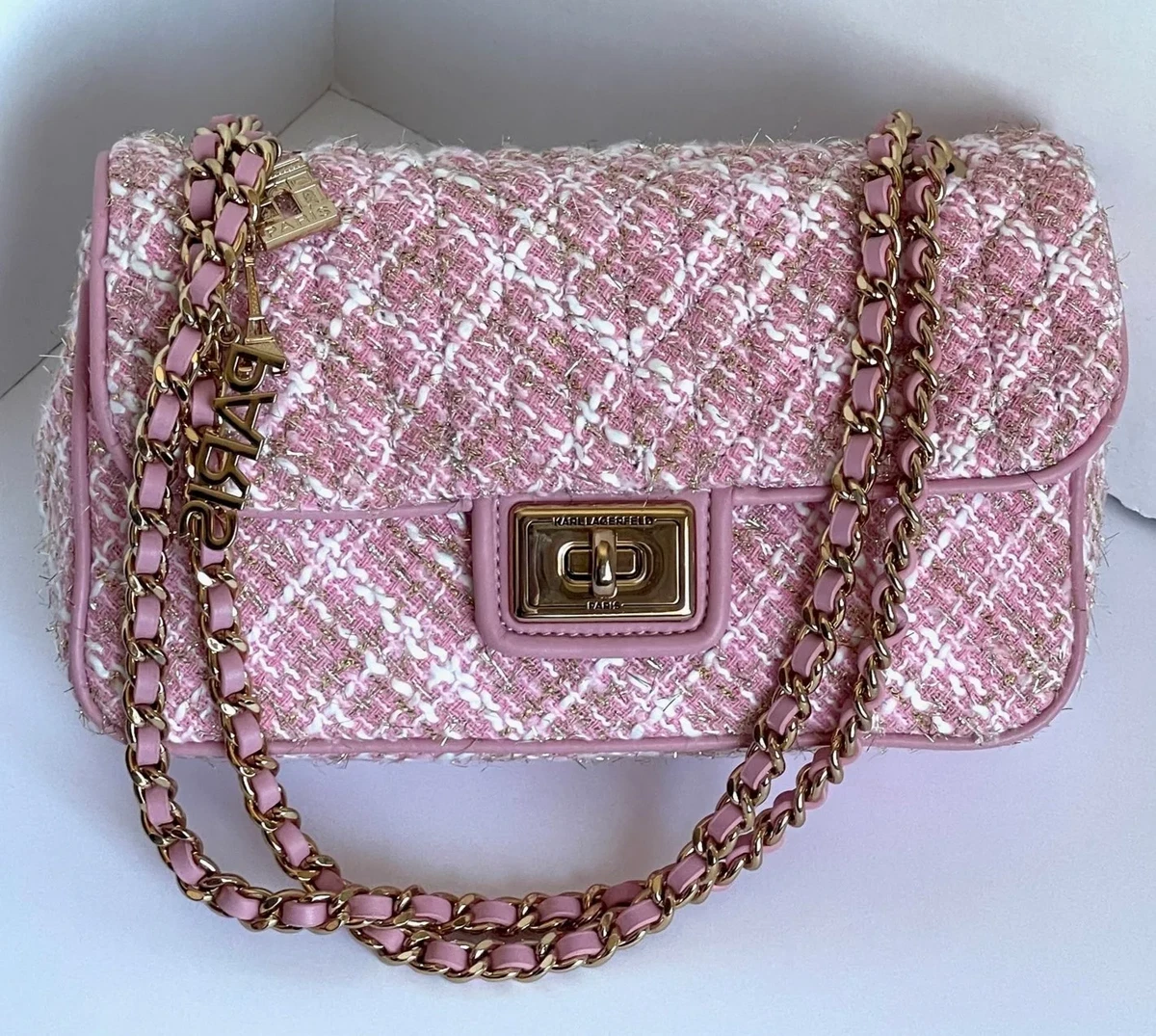 Karl Lagerfeld Shoulder Bag Womens Pink Agyness Boucle Quilted Flap Tu –  Luxe Fashion Finds