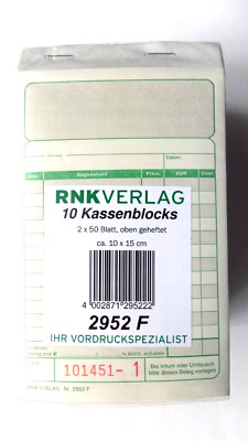 10 Stück RNK 2952F Kassenblocks 2x50 Blatt oben geheftet 10 x 15cm