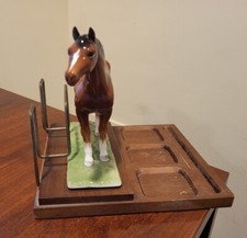 VINTAGE Wood Desk Mail Tray Organizer with Ceramic Horse 9x7 UNIQUE