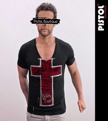 Pistol Boutique Hombre Ajustado Negro Profundo V Cuello Rosa Cruzado Nacida Live - Imagen 1 de 4
