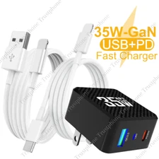 35W GaN Dual Port Fast Wall Charger PD USB C QC Adapter For iPhone 14 8 Cord Lot