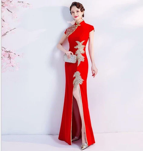 Hochgeschlitztes chinesisches Qipao-Damenkleid Cheongsam Stickerei Abschlussball Abend Party - Bild 13 von 17