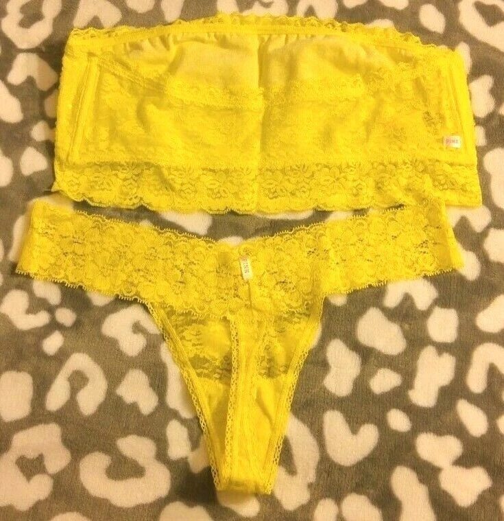 Sujetador bandeau amarillo brillante lentejuelas rosa Victoria's Secret y tanga panty grande Foto 2 de 3