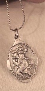 Handsome Etched Point Rimmed St. Christopher Devotion Medal Silvertone Necklace