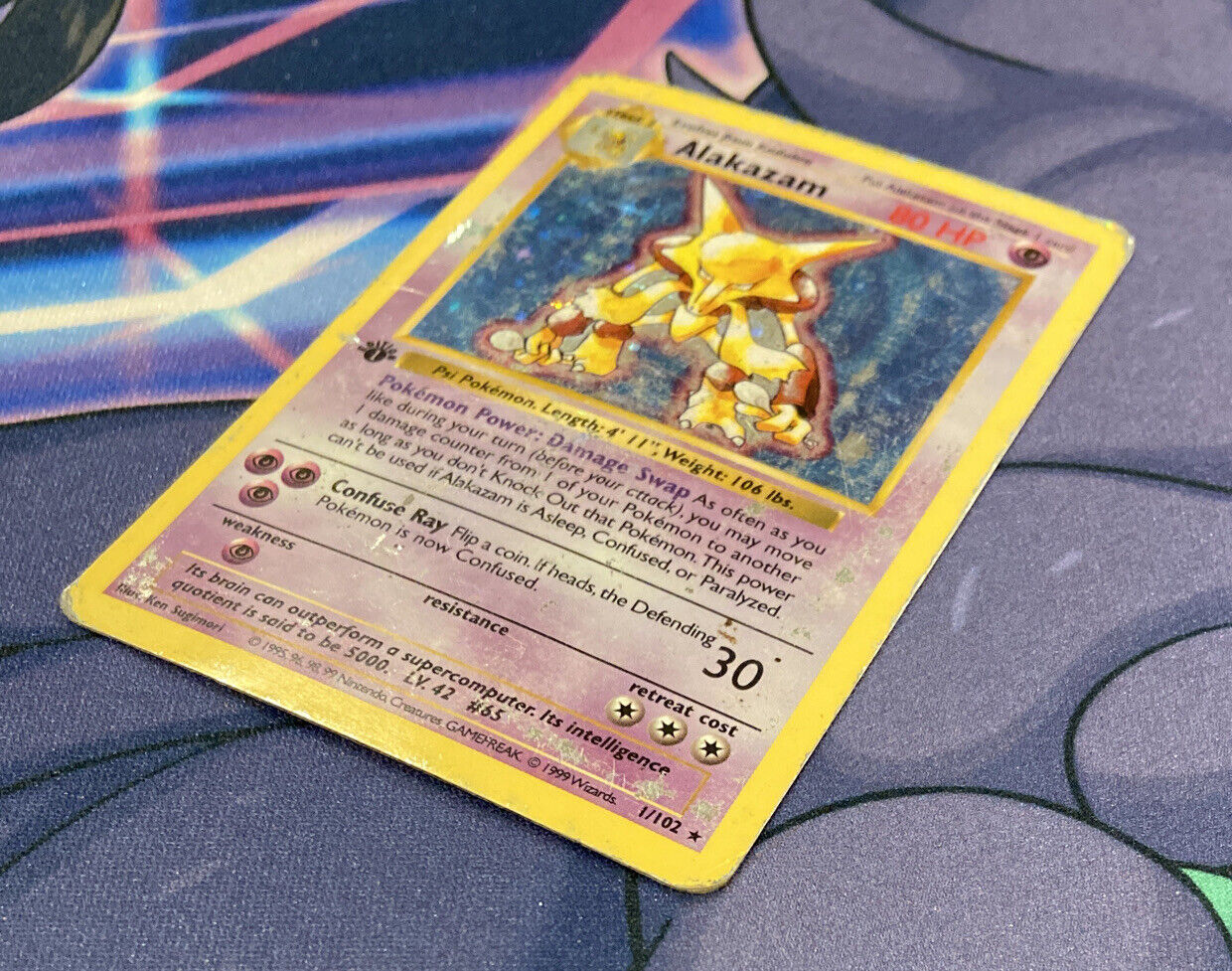 Alakazam #1/102 — Base Set Shadowless Holo Rare MP – Cyborg One