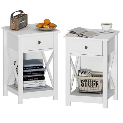 Modern White X-Design Nightstand Set of 2 with Storage