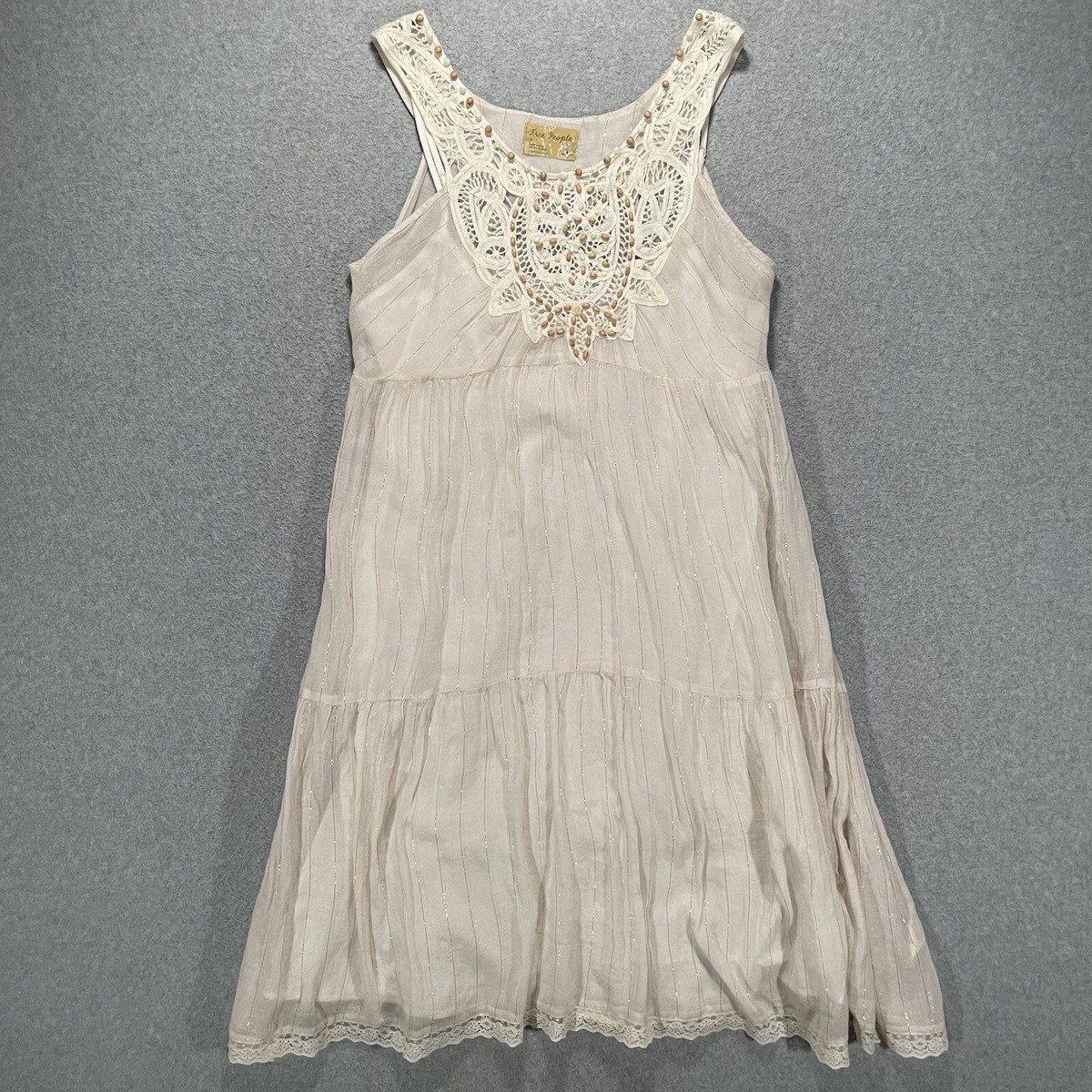 Vintage Free People Sleeveless Beaded Crochet Sheer Layered Midi Dress Sz 6  Y2K
