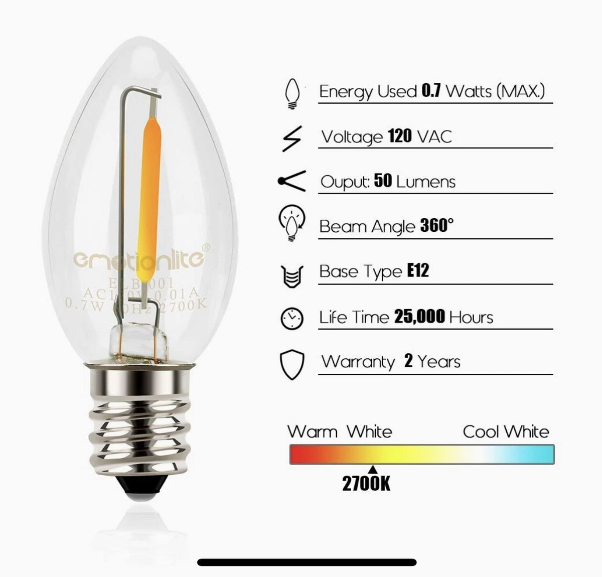 Night Light Bulbs Emotionlite C7 Candelabra LED Light Bulbs E12