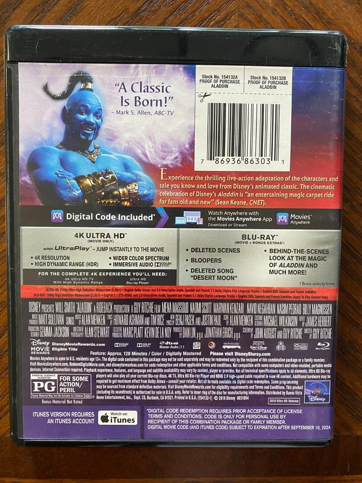 Aladdin 4K Ultra HD+ Blu-ray, no digital - DISKS LIKE NEW 786936863031 ...