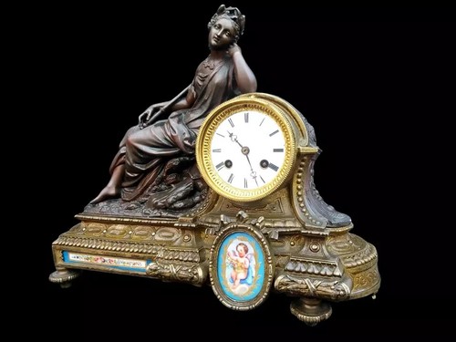 Antique Clock French Sevres Style Hand Painted Porcelain Mantel Clock Bronze