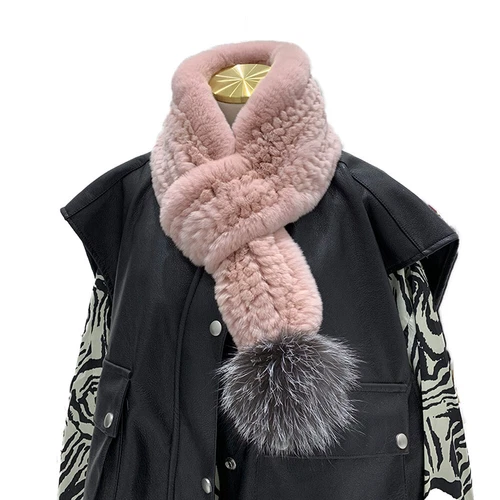 Real Rex Rabbit Fur Scarf Winter Warm Neckerchief Fox Fur Pom pom Fluffy Soft - Picture 10 of 24