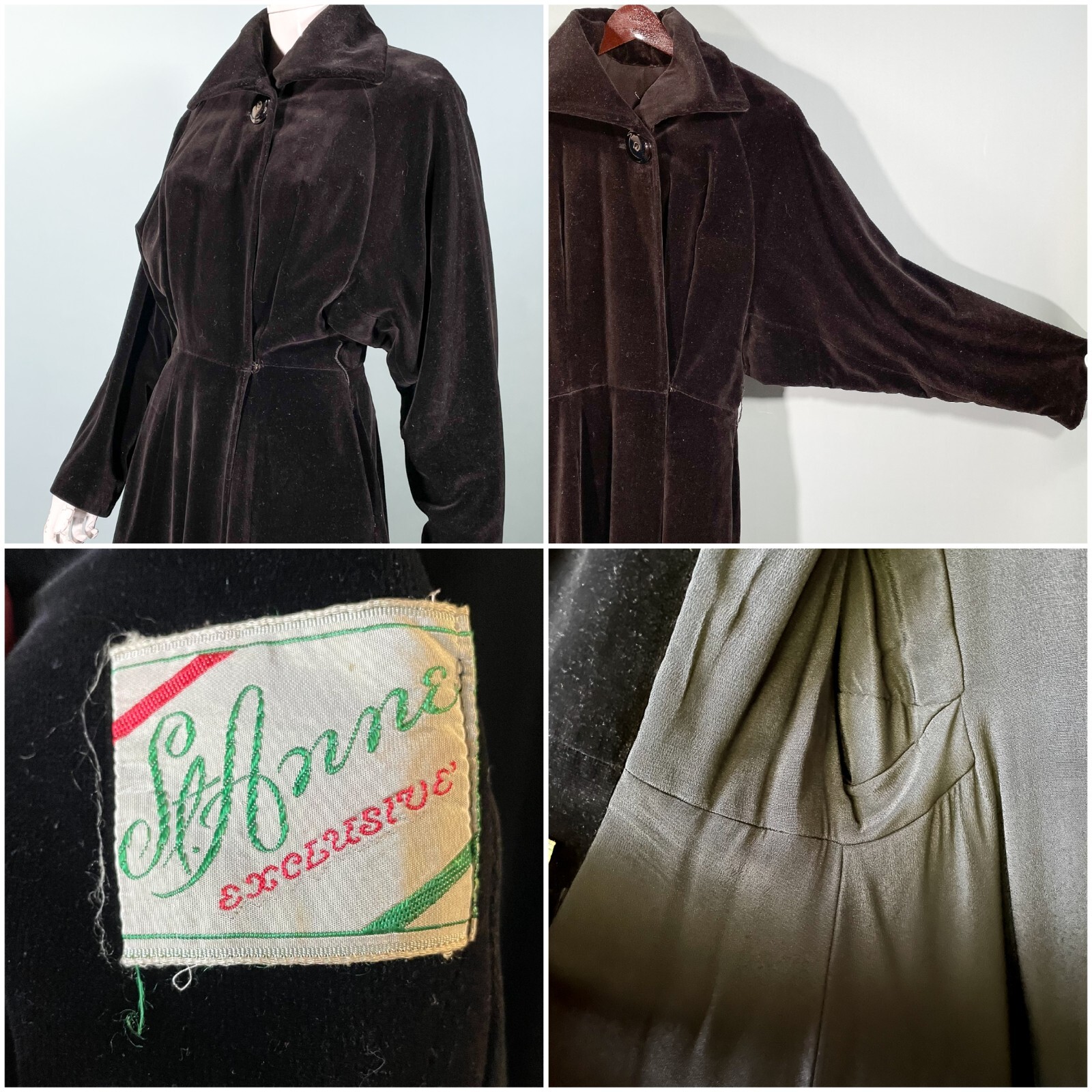 Vintage 40s Black Velvet Princess Coat, St Anne E… - image 11