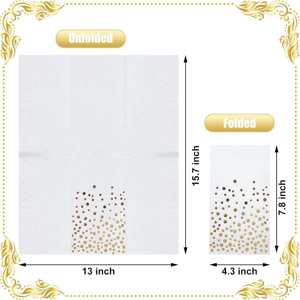 Pack of 120 Gold Foil Guest Napkins White and Golden Polka Dots Disposable Hand - Image 2 of 4