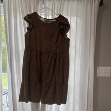 Leopard Print Ruffle Sleeve Shift Dress Brown Black Plus Size 0XL Knee Length