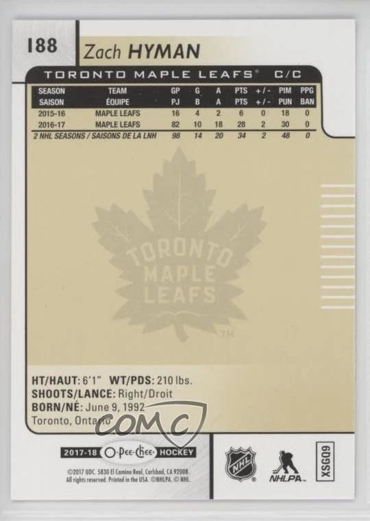 2017-18 O-Pee-Chee Rainbow Foil Zach Hyman #188 - Image 2 of 2
