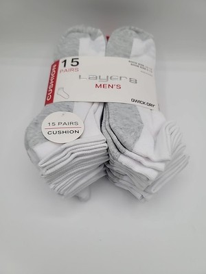 Layer 8 Men's Cushion White/Gray Socks 15 Pairs Shoe Size 6-12 Qwick-Dry