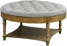 round Ottoman Coffee Table with Storage Tray, Top Upholstered Button Tufted and 