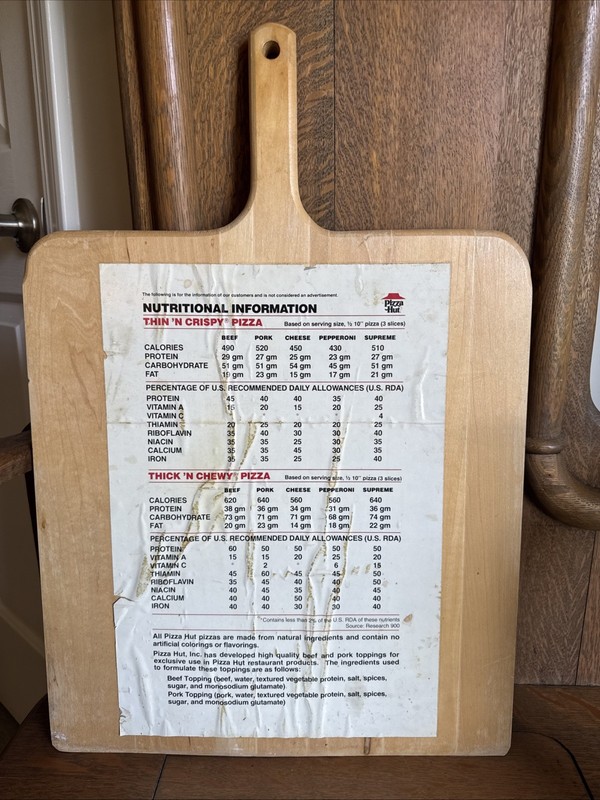 Pizza Hut Pizza Peel With Nutritional Information-1970’s
