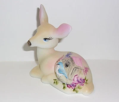 Fenton Glass Bluebird Birdhouse Roses Fawn Deer Figurine Ltd Ed #24/36 Kibbe - Image 1 of 4