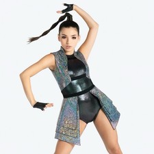 NWOT Revolution Dance No Excuses Silver/Black Layered Skirt Leotard, Size MA.