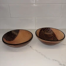 Hand Carved African Zambian Wooden Bowls With Animal Print Pattern-set Of 2