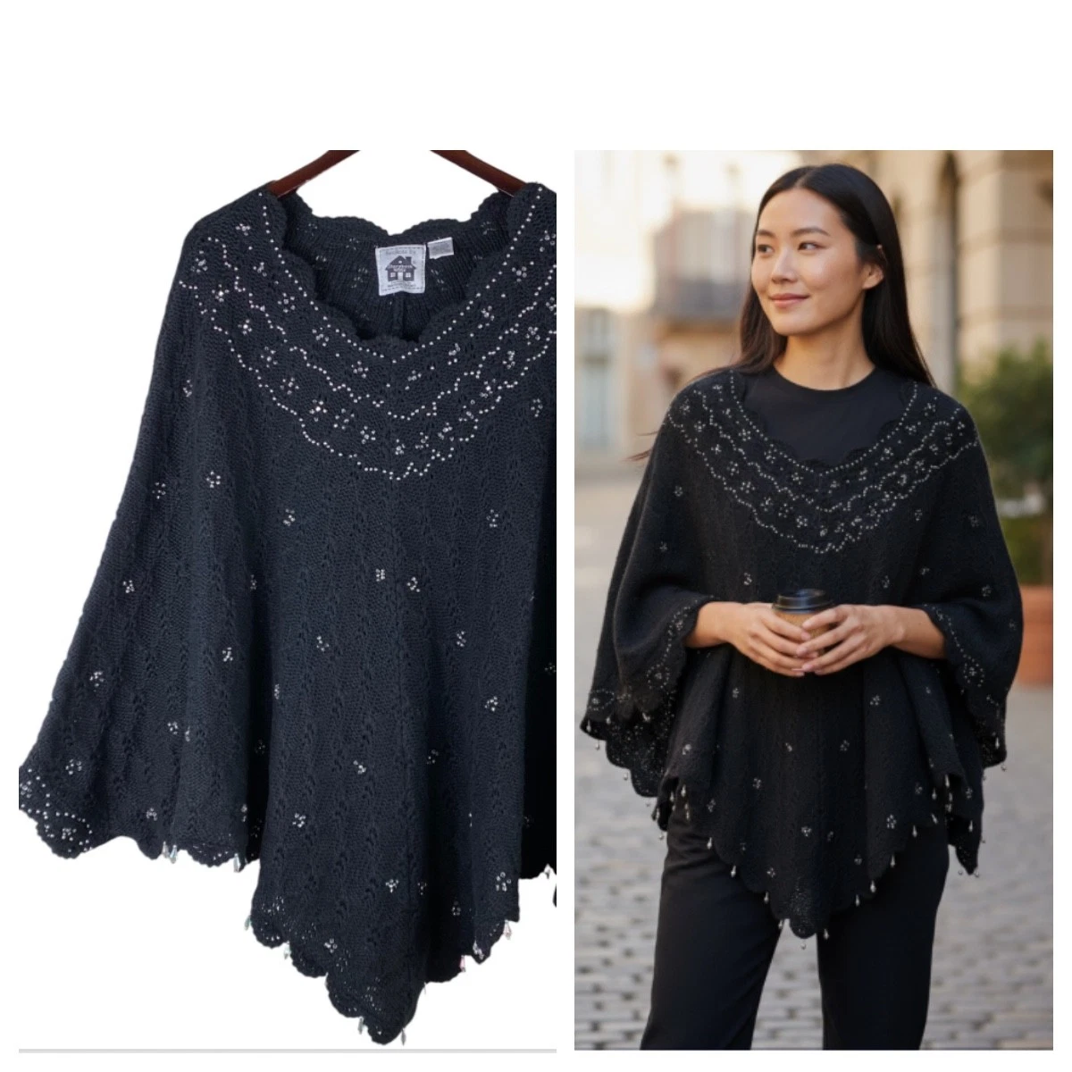 Handknits by Storybook Knits One Size Plus Poncho Sweater Black Beaded Crochet C