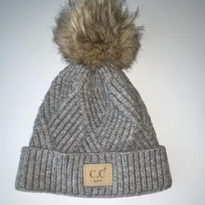 C.C Girls Gray Knit Beanie Hat Faux Fur Pom Pom One Size