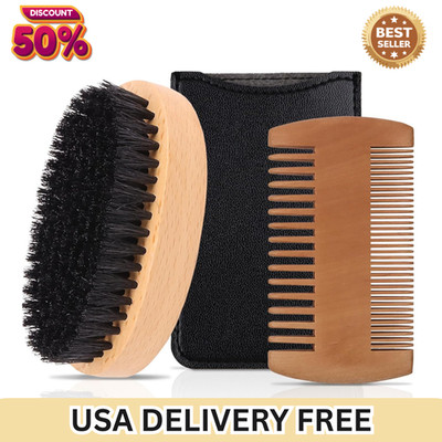Men's Beard Brush Kit with Pearwood Comb and Boar Bristle Beard Brush FREE