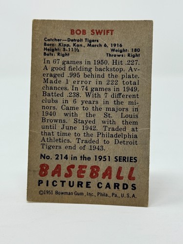 1951 Bowman #214 Bob Swift - Foto 2 di 3
