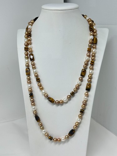 Vintage 14K Yellow Gold White Golden Freshwater Pearl Tiger's Eye 52" Necklace - 第 3/11 張圖片