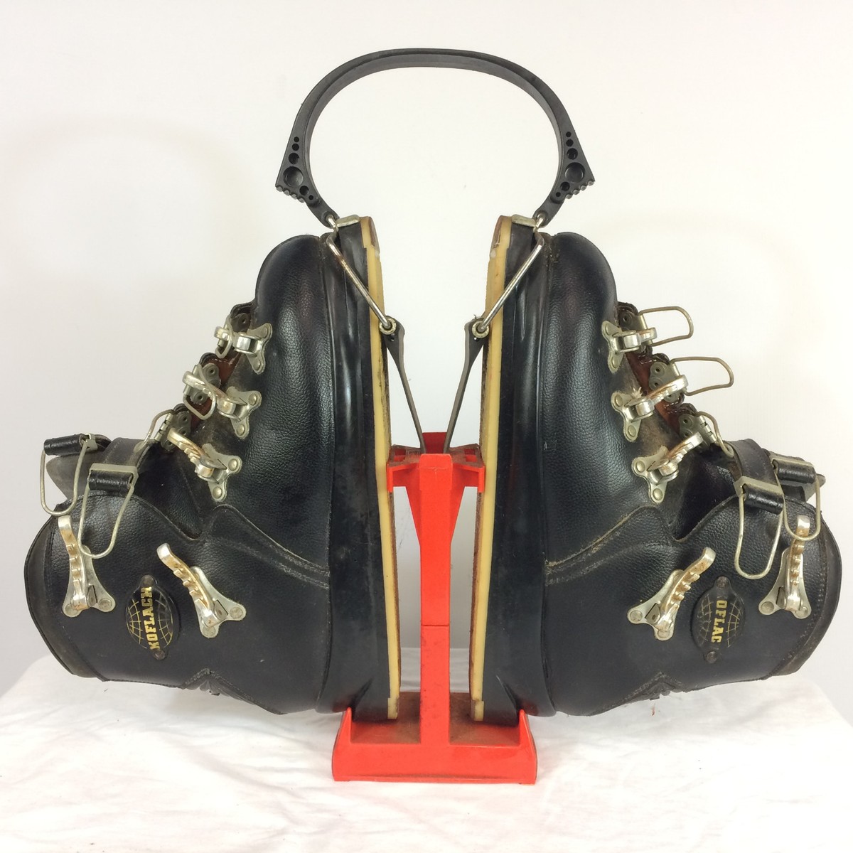 Vintage 70s 80s Black Leather Koflach Winter Ski Boots and carrier