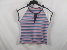 Head Womens Shirt Medium Blue Striped Short Sleeve V Neck Athletic Polyester