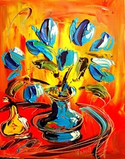 Blue Tulips Pear Vase Yellow Landscape Painting Stretched Canvas Signed 32E
