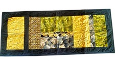 Quilted Table Runner 46 x 18 Navy Blue Gold Green Reversible Handmade