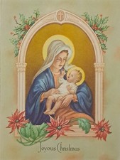 Christmas Card Vintage Madonna Child Religious Holly Poinsettia Embossed Gothic