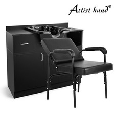 Black Backwash Shampoo Bowl Station Sink and Auto Recline Chair Set Salon Beauty