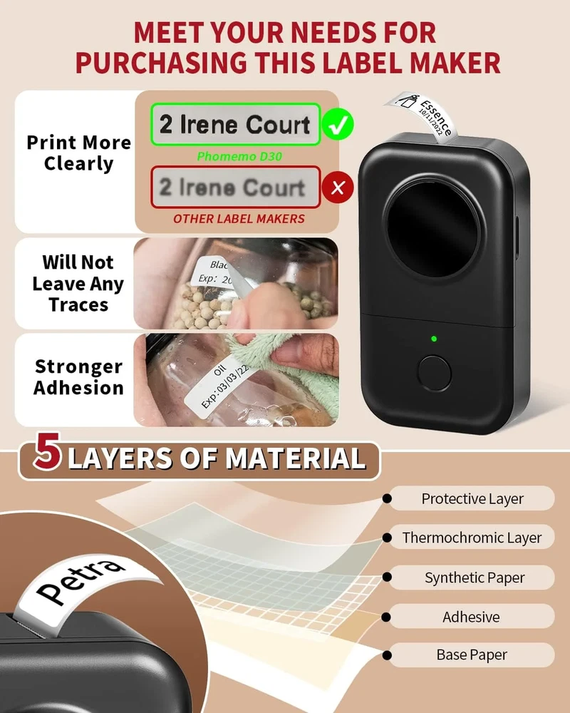 Bluetooth Thermal Label Printer D30 - Smart Mini Label Maker with Tape