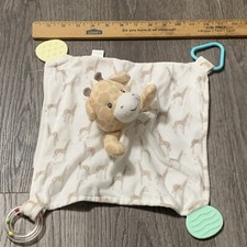 Modern Baby Giraffe Lovey Tan White Plush Security Blanket Teether Rattle 12"